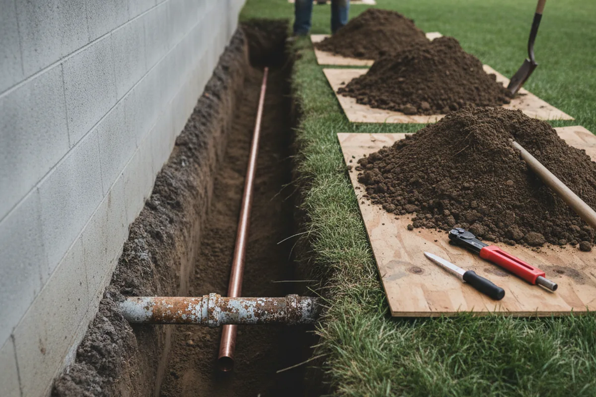 Excavated water line trench during Water Softener Installation in Harrison